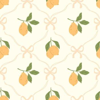 Minimalistic Botanical Seamless Pattern with Lemons, Green Leaves, and Decorative Bows on Light Background vector
