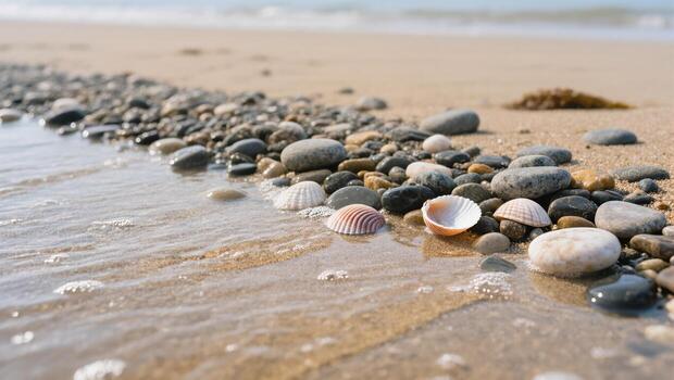 Beautiful Seaside View of Colorful Shells and Smooth Stones at Low Tide During a Sunny Day photo