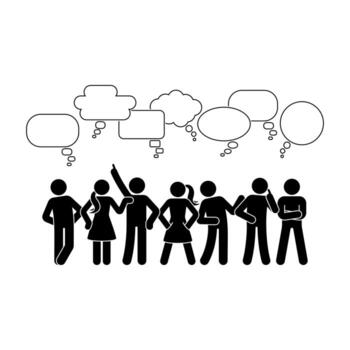 Stick figure dialog communication speech bubbles set. Talking, thinking, body language group of people conversation icon pictogram vector