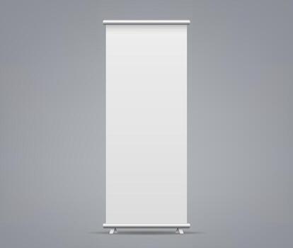 3d Roll up banner stand isolated on white backgrounds. blank display mockup for presentation, exhibition product template vector