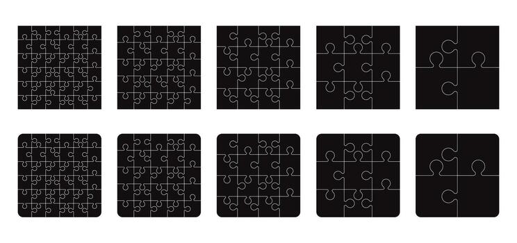 Puzzle pieces square 4x4, 5x5, 6x6, 3x3, isolated on white background. Jigsaw puzzle game template with right angles, rounded. vector