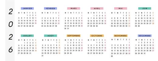 2026 anual calendario en francés idioma, horizontal diseño con vistoso mes encabezados, moderno mínimo tipografía. imprimible pared o escritorio planificador para hogar, oficina, escuela, productividad. . vector