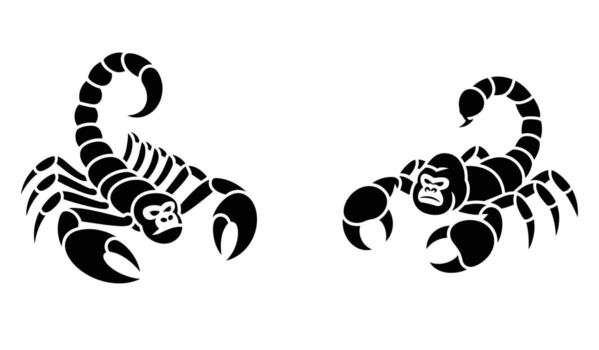 Black Silhouette Depictions of Two Hybrid Creatures Combining the Body of a Scorpion with the Heads of a Skull and a Gorilla, Showcasing a Unique Fusion of Arthropod Form and Mammalian Features vector