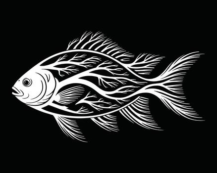 White stylized fish with branching patterns on black background isolated vector