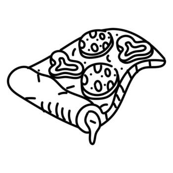 triangular piece of pizza with a cheese border and a doodle-style curve. Pizza sausage, pepper. Hanging sideways. Grunge, engraving, monochrome drawing with black lines on a white background. vector