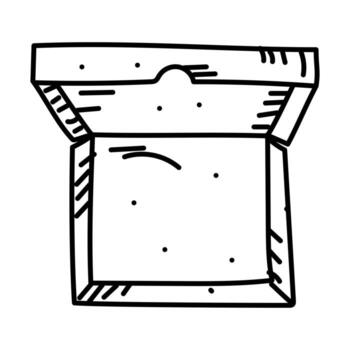 Open cardboard pizza box in the Doodle style. Square box for packaging and sending ready made pizza, top view. Paper delivery container. Engraving, line, doodle monochrome object. Hand-drawn vector