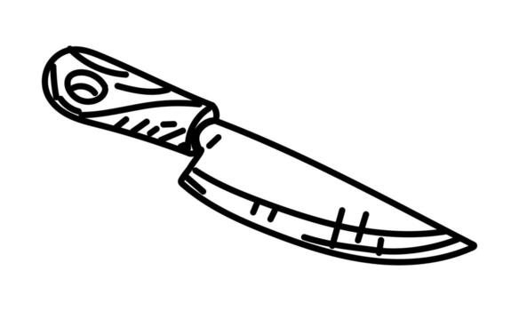 Doodle style table knife. An iron, sharp object with a wooden handle for cutting food, standing sideways. An engraving, line, doodle of kitchen utensils for cutting food. Hand-drawn in a retro style vector