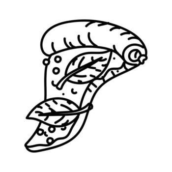 triangular pedazo de Pizza con un salchicha borde, verticalmente curvo en un garabatear estilo. Pizza con Espinacas y pimientos. colgando oblicuo. grunge, grabado, monocromo dibujo con negro líneas en un blanco vector