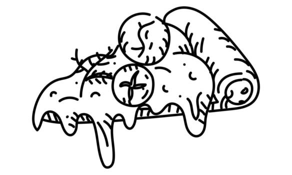 triangular pedazo de Pizza con un salchicha corteza en el garabatear estilo. queso Mozzarella pizza, tomate, y eneldo. acostado en sus lado. grunge, grabado, monocromo dibujo con negro líneas en un blanco antecedentes. vector