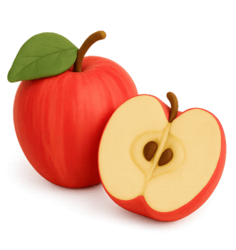 Stylized red apple and a sliced half crafted from clay with a smooth matte texture and visible seeds. png