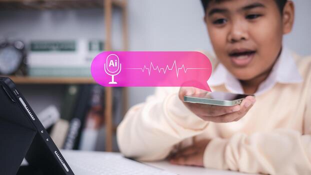 Speech recognition, voice command, and artificial intelligence technology. Young boy speaking to smartphone with AI voice assistant icon. photo