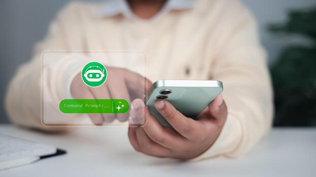 Artificial intelligence integration in daily life, customer service automation, and innovative business technology. Person using smartphone AI chatbot. photo
