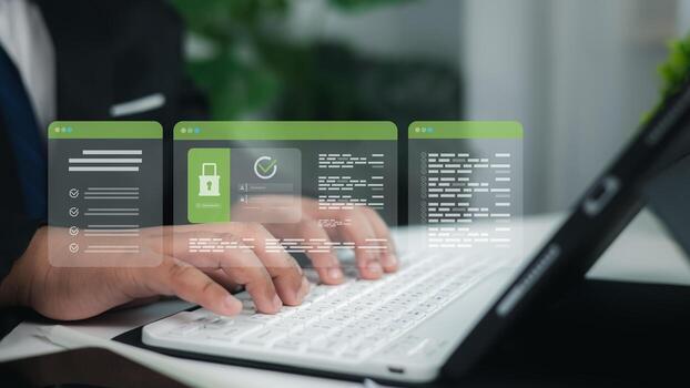 Businessman typing on laptop with cybersecurity interface, secure login, and data protection concept for online security and privacy. photo