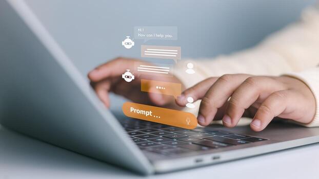 Artificial intelligence, virtual assistant, and technology innovation. Close-up of hands typing on laptop with AI chatbot interface and prompt text. photo