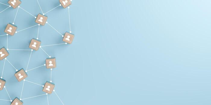 3D render of wooden cubes with people icons connected by white lines on a light blue background with copy space, representing the concept of teamwork, social networking, business connections. photo
