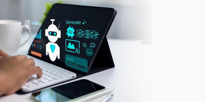 User interacting with AI-powered tablet interface to create content and graphics, representing machine learning, digital technology, and future creative innovation. photo