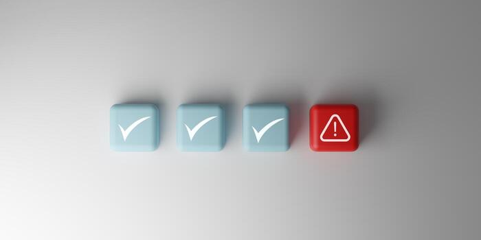 Quality control, risk management, error detection, and problem identification in business processes.3D illustration of blue check marks and a red warning icon. photo