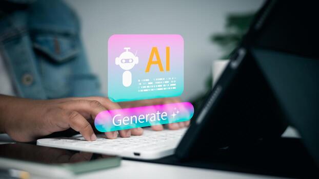 Artificial intelligence integration in business workflow, technology, and innovation. Professional using AI-powered software in a modern office, modern workflow, technology, and business solutions. photo