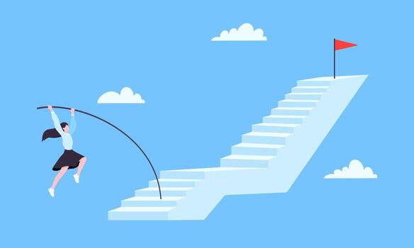 Success career ladder steps path challenge with business goals achievement flag objective. vector