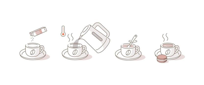 Instruction How to Brewing Instant Coffee. Pour Coffee Granules Mixture in Cup, Add Boiling Water, Wait for few Minutes. Cooking Direction for Hot Drink vector