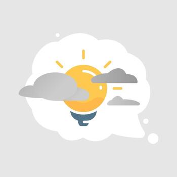 illustration of a thought bubble with a light bulb covered by clouds. no ideas, creative block, lack of inspiration, mental fog, or brainstorming difficulties. Flat design vector