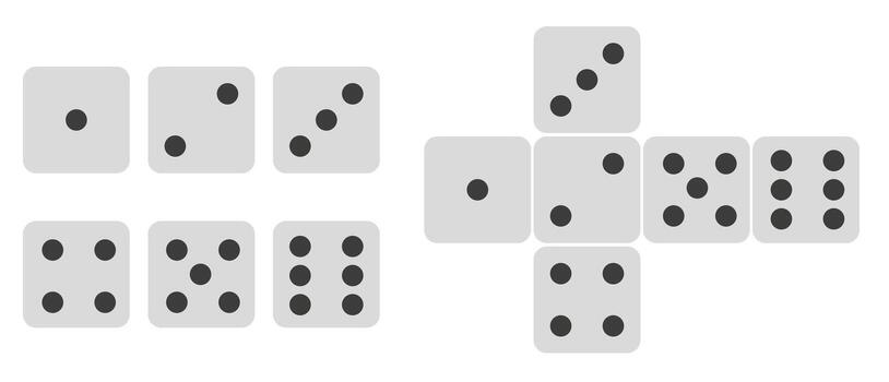 Dice game. A set of game dice. Cubes in flat and linear designs from one to six. vector