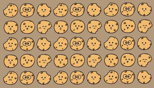 Cute chocolate chip cookie pattern with kawaii faces in cartoon style on brown background creating a playful and sweet design for fabric wallpaper and wrapping paper vector