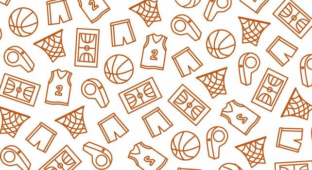 Basketball pattern with outline icons of balls courts jerseys shorts nets and whistles in orange line art style creating a sporty and dynamic design for fabric wallpaper and wrapping paper vector