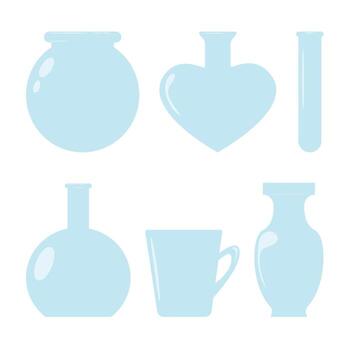 Empty glass containers icons set. Flasks, jars, mugs, vases. Forms. Pouring, storing liquids. vector