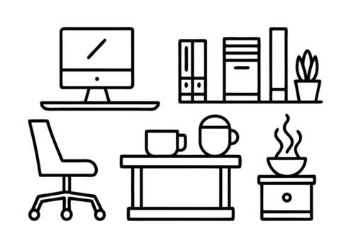Minimalist Office Space Line Art Illustration with Desk Computer and Bookshelf vector
