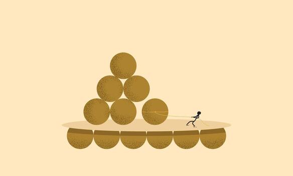 Minimalist Illustration of a Man Trying to Pull a Large Ball with Rope from a Stack of Balls Without Realizing That It Becomes Dangerous. Symbolizes Risk Taking and Potential Danger in Decision Making vector