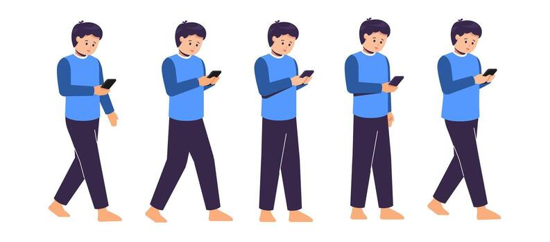 set of men with a phone walking against a white background. netizens concept vector