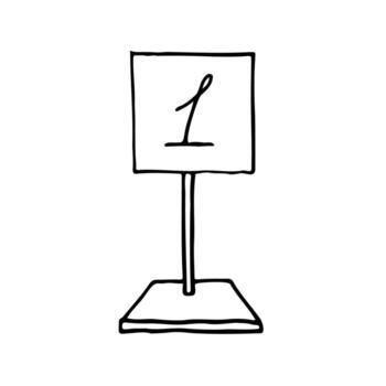 n° 1 en el cuadrado etiqueta en el alto pararse, número uno para invitados mano dibujado línea dibujo vector