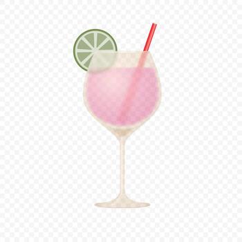 Cocktail glass with green lemon and red straw in minimalistic 3d style isolated on light background. vector