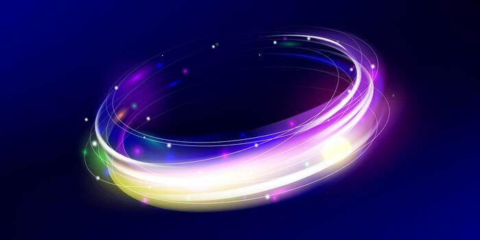 Blue neon spiral ring with glowing wave effect and glittering streaks. Bright vortex motion with abstract particle sparkle for modern tech banners or sci fi designs. vector