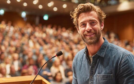 Smiling speaker giving a talk at business conference photo