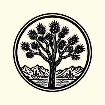 Joshua tree silhouette in circle with mountains isolated on white background vector