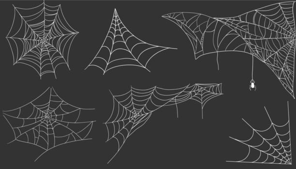 Spiderweb corner line white border black bg, gothic scary hanging net frame on dark background. Simple spooky halloween decoration. Cobweb spider trap. vector