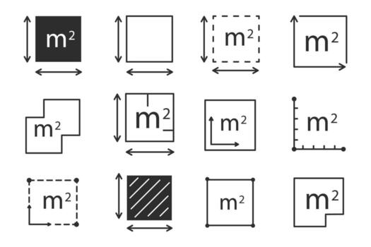 Square meter collection icon line quantity area, m2 measuring area sign symbol. Simple territory measurement. Flat area square meter. vector