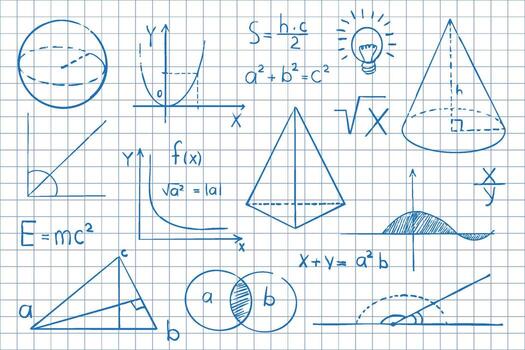 Math symbol formulas on notebook page background. Sketch symbols mathematical equations, schemes geometry shapes. vector