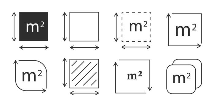 cuadrado metro icono línea cantidad área, conjunto m2 medición zona firmar símbolo. sencillo territorio medición. plano zona cuadrado metro. vector