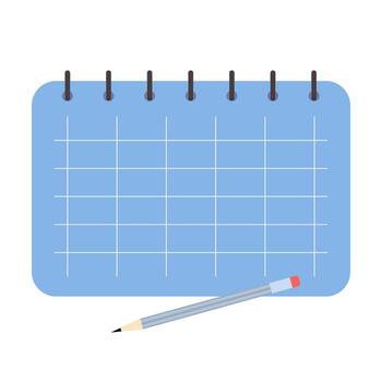Blue spiral-bound calendar with empty grid and pencil in flat style, planning or scheduling concept vector