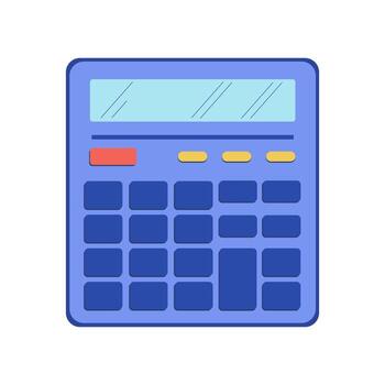 azul calculadora con rojo, amarillo, y oscuro azul botones, plano gráfico estilo, concepto de cálculo y Finanzas vector