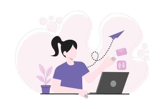 Woman managing tasks on laptop vector