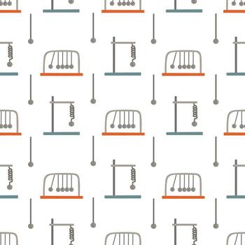 Spring loaded pendulum and Newton's cradle seamless pattern. Flat style hand drawn illustration. Physics science dynamics vector