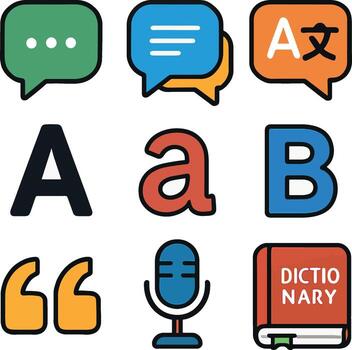 digital language communication and translation icons set vector