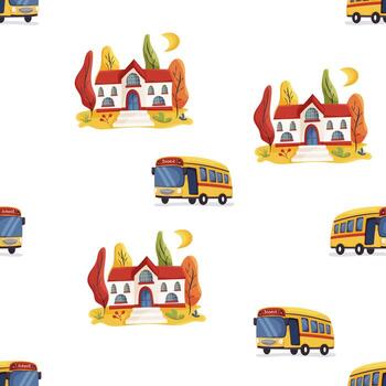 Seamless pattern with school building and school bus vector