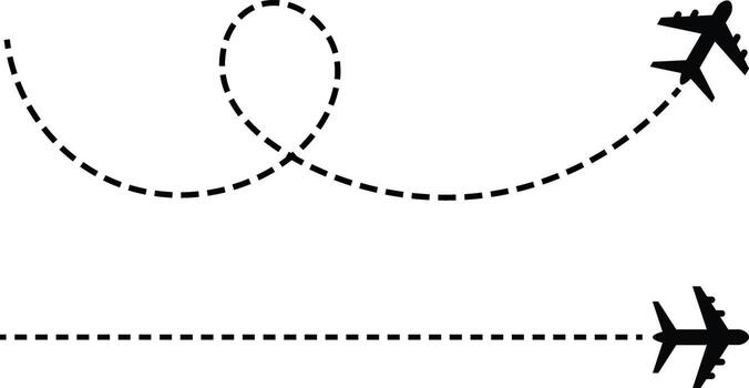Airplane dotted flight path. flight route with start point. travel and navigation designs. flying plane with twisted vector