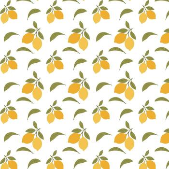 Seamless lemon pattern with yellow citrus fruits and green leaves on a white background. Fresh and bright design ideal for summer textiles, kitchen decor, wrapping paper, and digital projects. vector