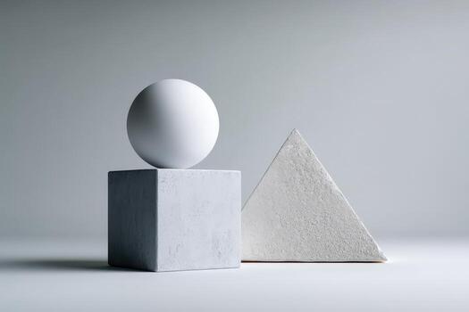 Sphere on cube and triangular prism still life photo
